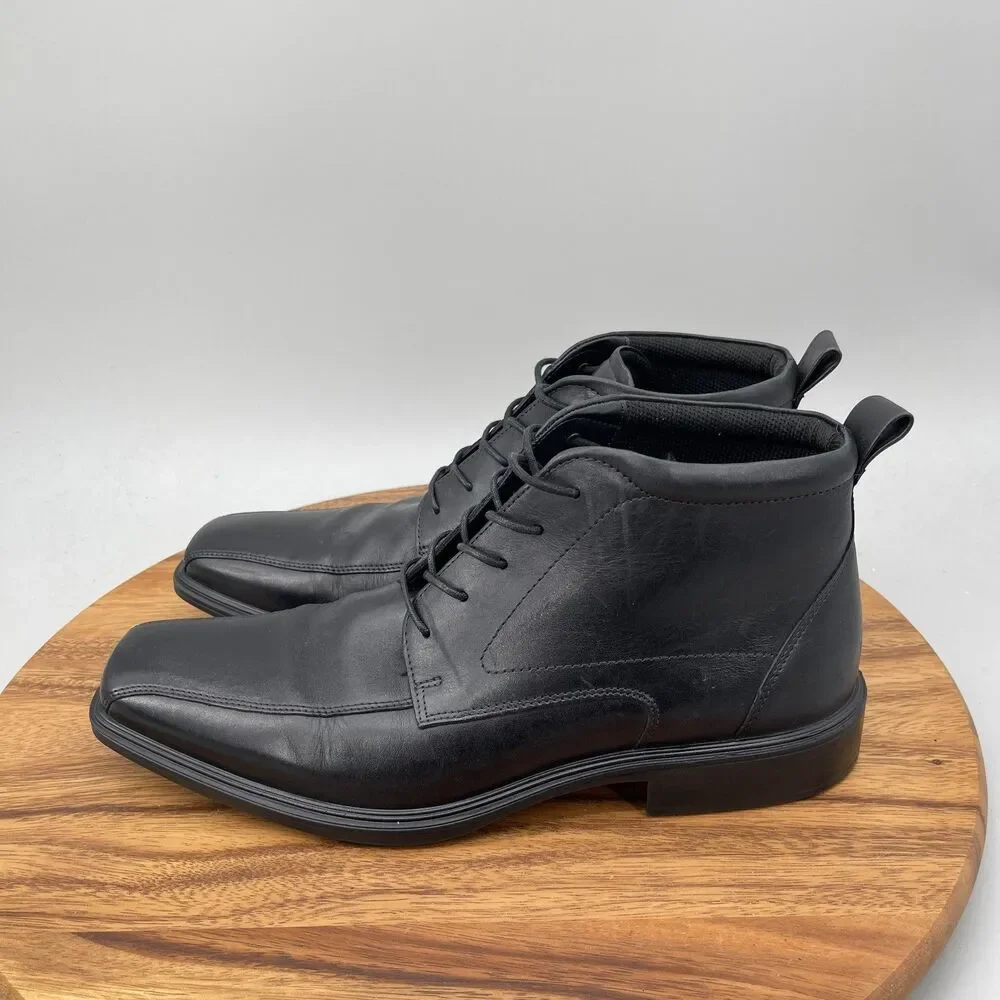 ECCO Minneapolis Boots Mens Size 11 Black Leather Bike Toe Chukka Casual Comfort
